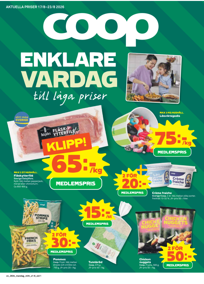 Illustration, Coops reklamblad, bäst pris som medlem. Billiga varor och veckans klipp.