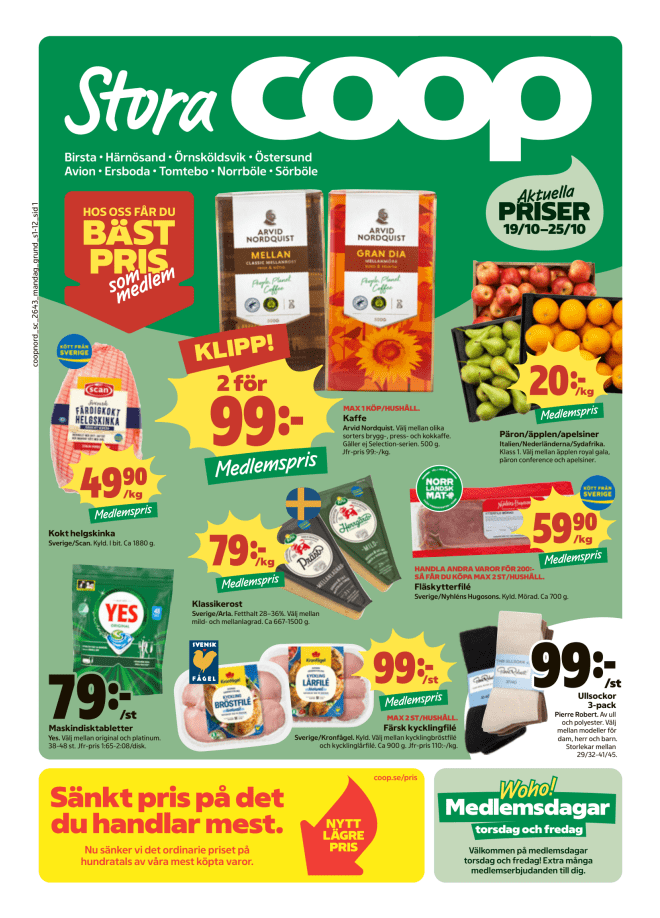 Illustration, Coops reklamblad, bäst pris som medlem. Billiga varor och veckans klipp.
