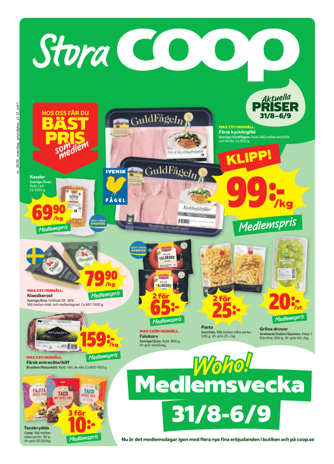 Illustration, Coops reklamblad, bäst pris som medlem. Billiga varor och veckans klipp.