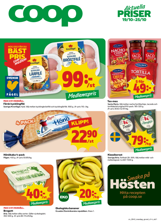Illustration, Coops reklamblad, bäst pris som medlem. Billiga varor och veckans klipp.