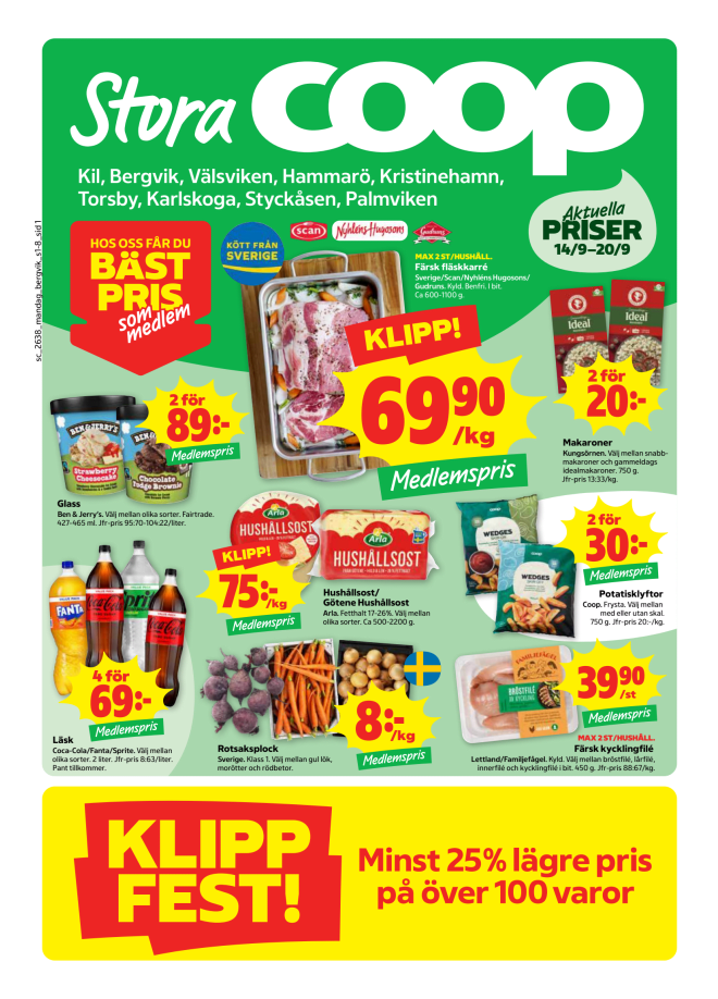 Illustration, Coops reklamblad, bäst pris som medlem. Billiga varor och veckans klipp.
