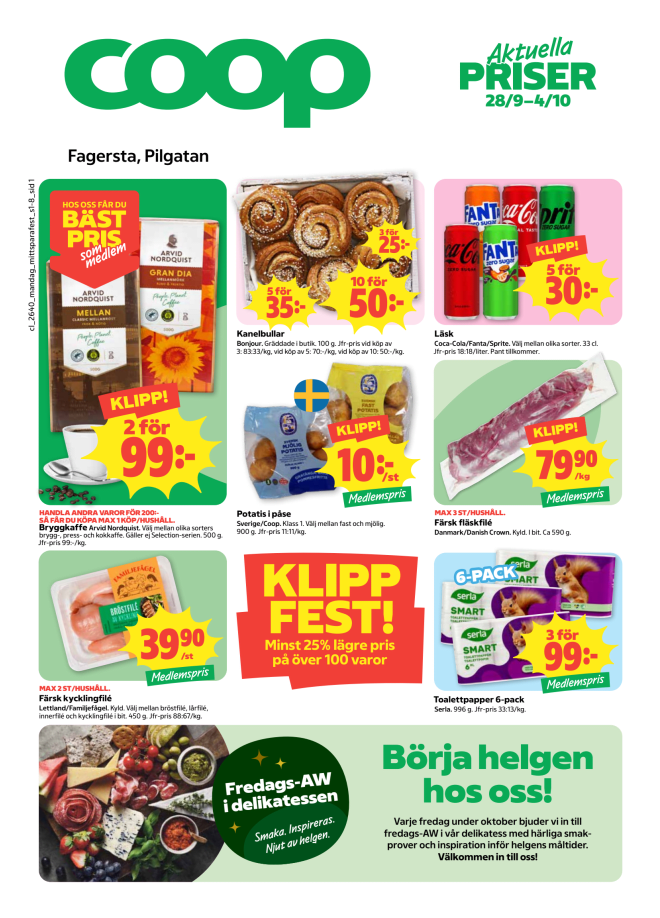 Illustration, Coops reklamblad, bäst pris som medlem. Billiga varor och veckans klipp.