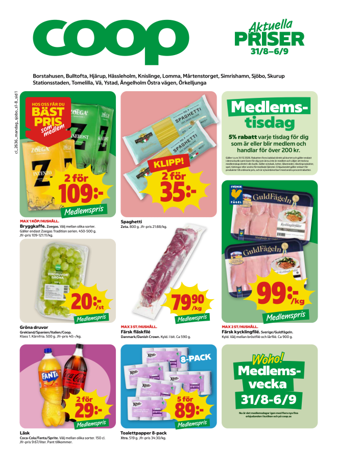 Illustration, Coops reklamblad, bäst pris som medlem. Billiga varor och veckans klipp.