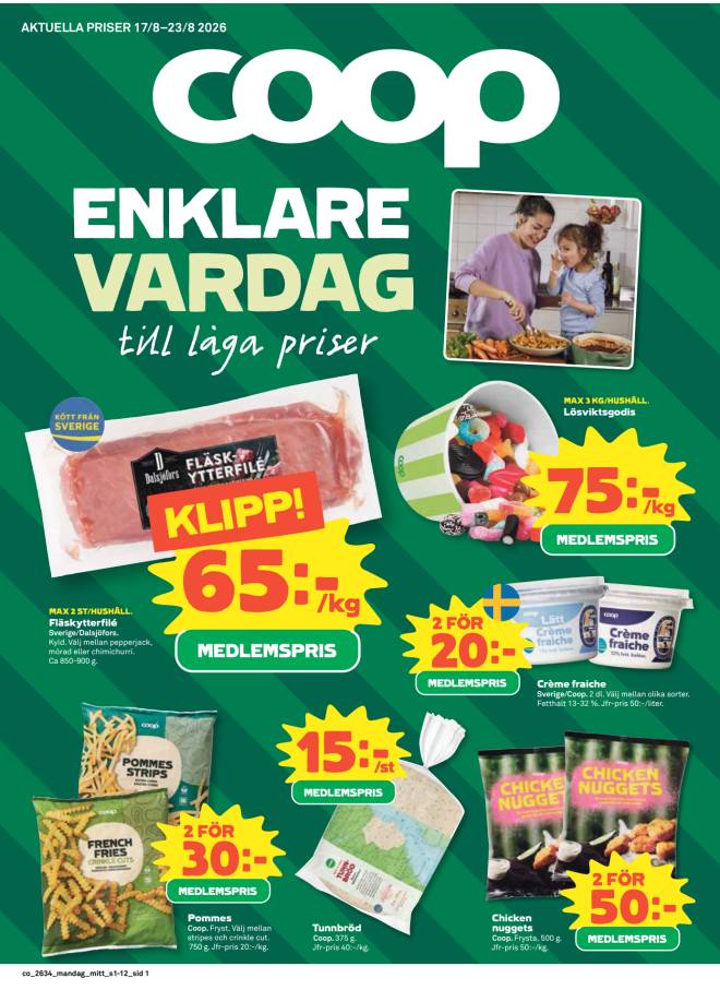 Illustration, Coops reklamblad, bäst pris som medlem. Billiga varor och veckans klipp.