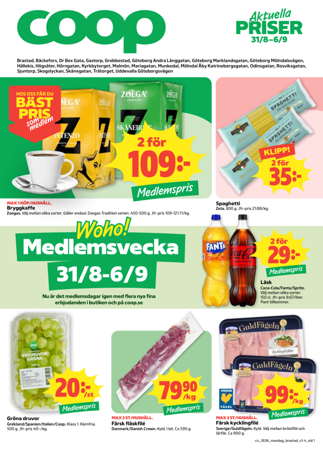 Illustration, Coops reklamblad, bäst pris som medlem. Billiga varor och veckans klipp.