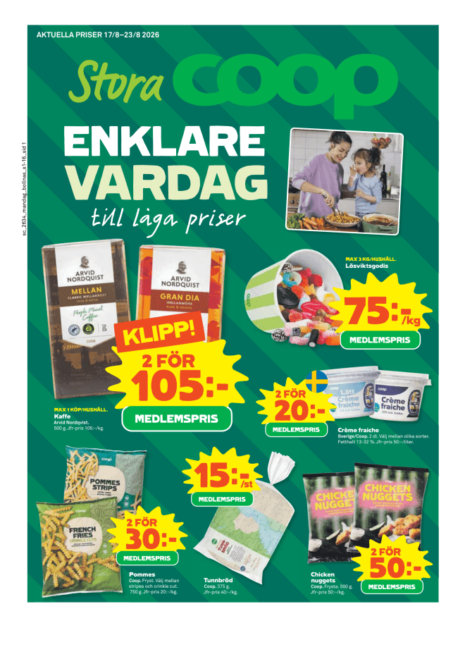 Illustration, Coops reklamblad, bäst pris som medlem. Billiga varor och veckans klipp.