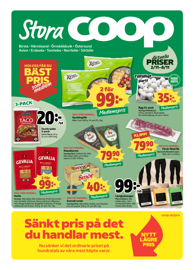 Illustration, Coops reklamblad, bäst pris som medlem. Billiga varor och veckans klipp.