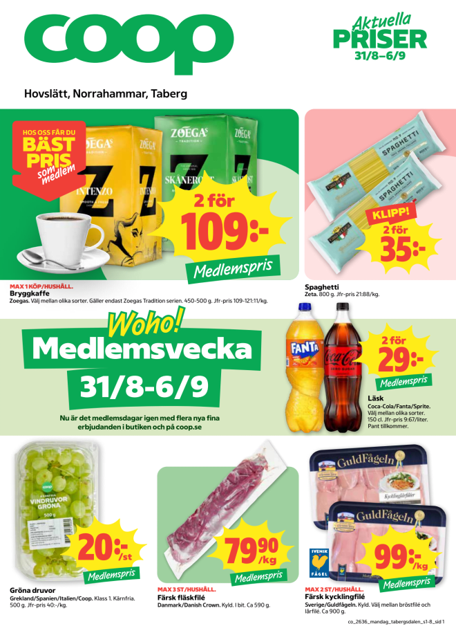 Illustration, Coops reklamblad, bäst pris som medlem. Billiga varor och veckans klipp.