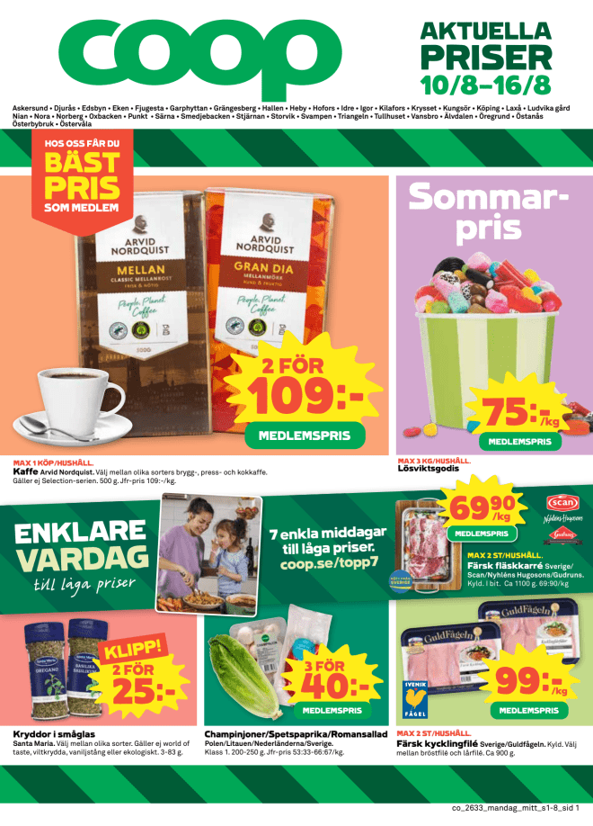 Illustration, Coops reklamblad, bäst pris som medlem. Billiga varor och veckans klipp.