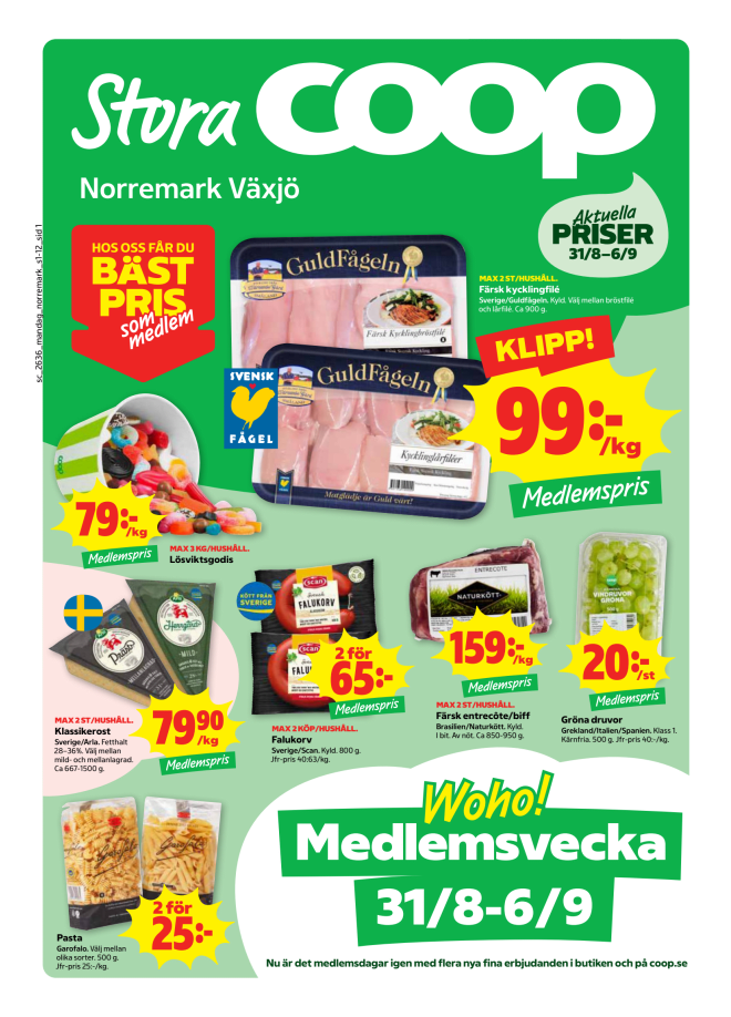 Illustration, Coops reklamblad, bäst pris som medlem. Billiga varor och veckans klipp.