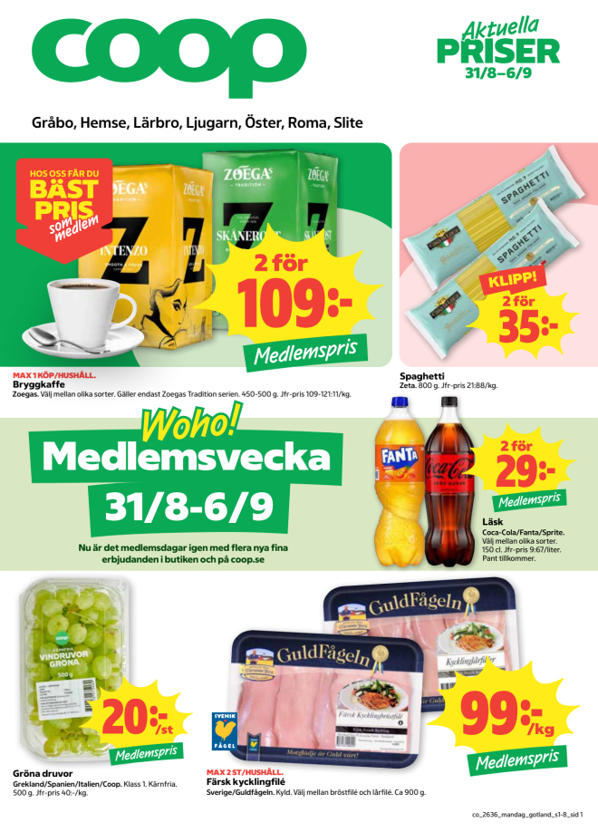 Illustration, Coops reklamblad, bäst pris som medlem. Billiga varor och veckans klipp.