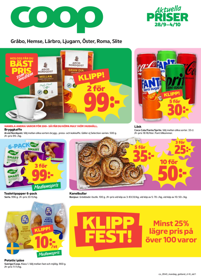 Illustration, Coops reklamblad, bäst pris som medlem. Billiga varor och veckans klipp.