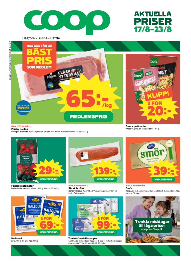 Illustration, Coops reklamblad, bäst pris som medlem. Billiga varor och veckans klipp.