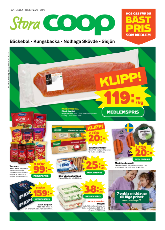 Illustration, Coops reklamblad, bäst pris som medlem. Billiga varor och veckans klipp.