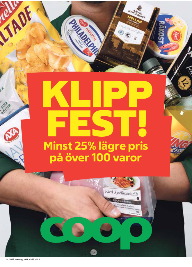 Illustration, Coops reklamblad, bäst pris som medlem. Billiga varor och veckans klipp.