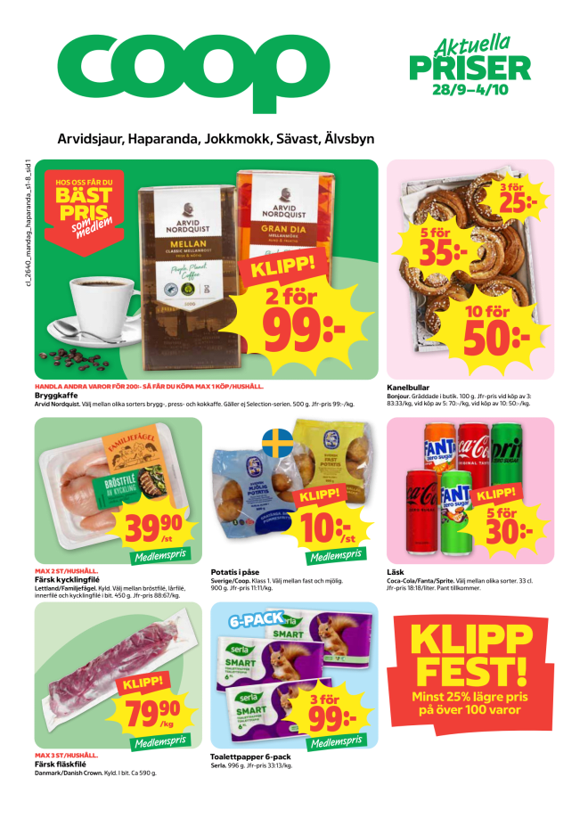 Illustration, Coops reklamblad, bäst pris som medlem. Billiga varor och veckans klipp.