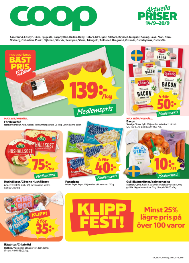 Illustration, Coops reklamblad, bäst pris som medlem. Billiga varor och veckans klipp.
