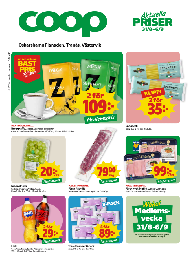 Illustration, Coops reklamblad, bäst pris som medlem. Billiga varor och veckans klipp.