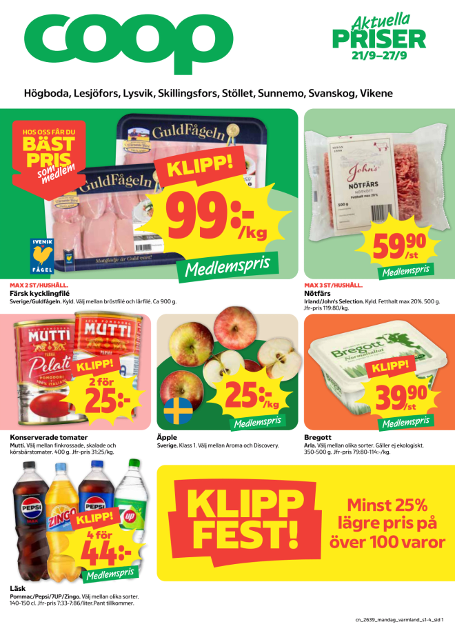 Illustration, Coops reklamblad, bäst pris som medlem. Billiga varor och veckans klipp.