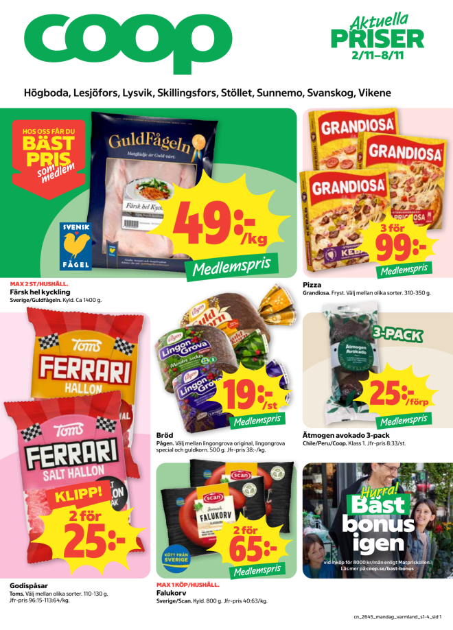 Illustration, Coops reklamblad, bäst pris som medlem. Billiga varor och veckans klipp.