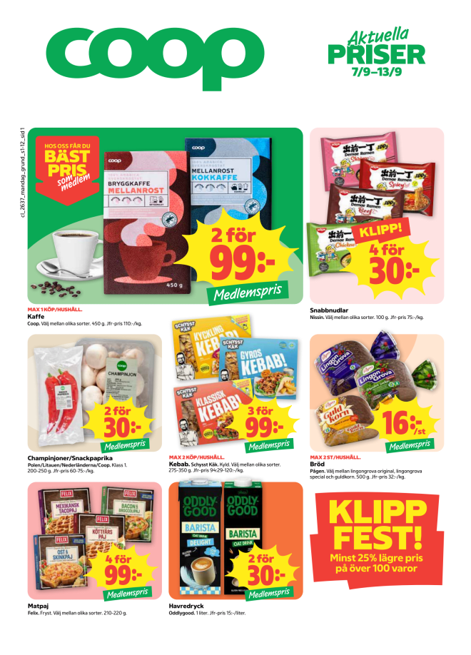 Illustration, Coops reklamblad, bäst pris som medlem. Billiga varor och veckans klipp.