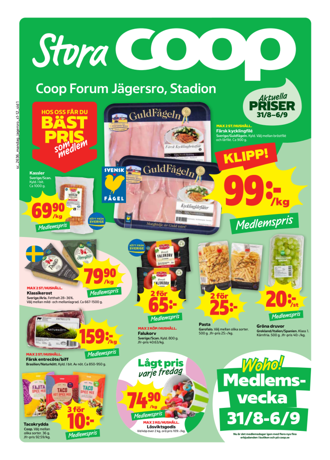 Illustration, Coops reklamblad, bäst pris som medlem. Billiga varor och veckans klipp.
