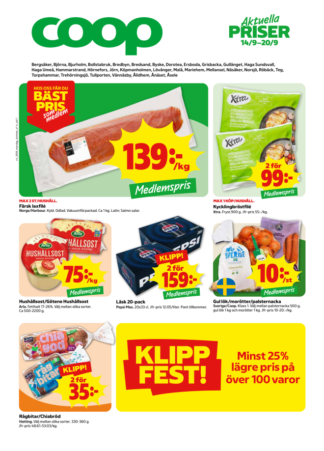 Illustration, Coops reklamblad, bäst pris som medlem. Billiga varor och veckans klipp.