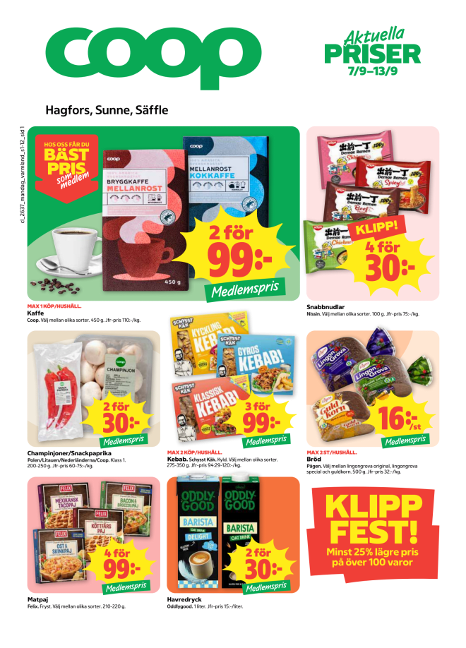 Illustration, Coops reklamblad, bäst pris som medlem. Billiga varor och veckans klipp.