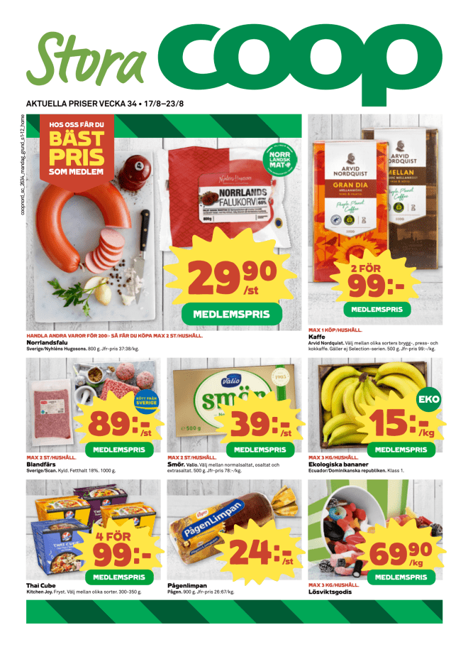 Illustration, Coops reklamblad, bäst pris som medlem. Billiga varor och veckans klipp.