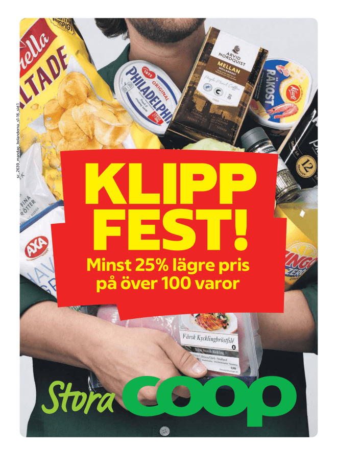 Illustration, Coops reklamblad, bäst pris som medlem. Billiga varor och veckans klipp.