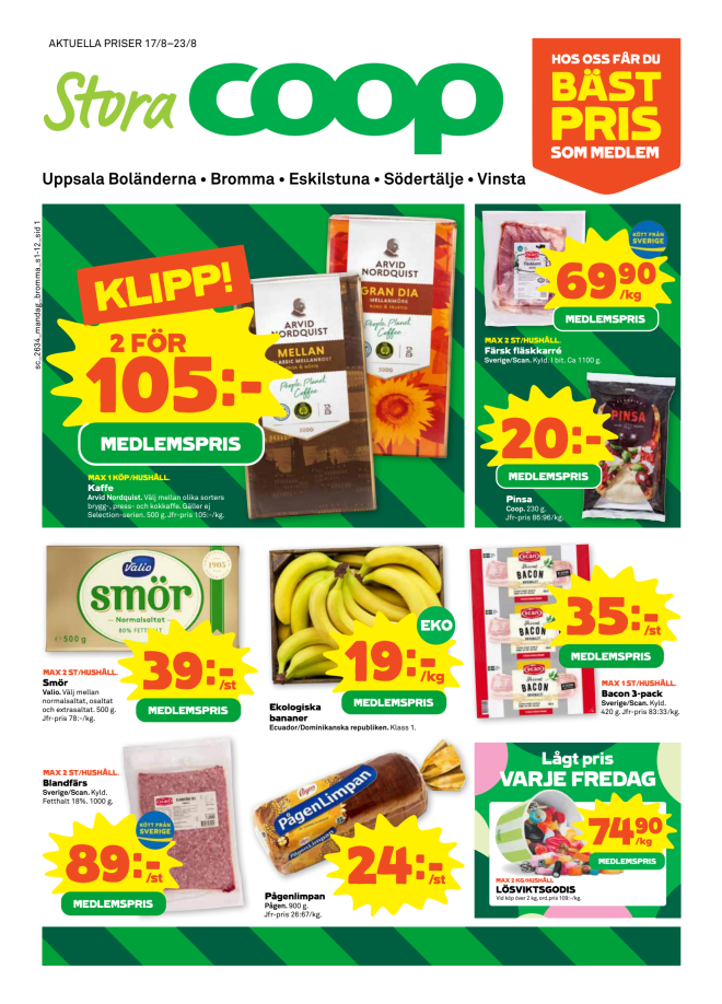 Illustration, Coops reklamblad, bäst pris som medlem. Billiga varor och veckans klipp.