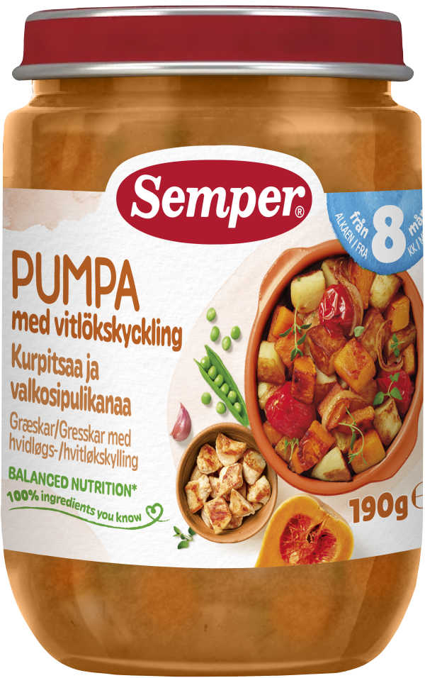 Barnmat Pumpa med vitlökskyckling 8 Mån