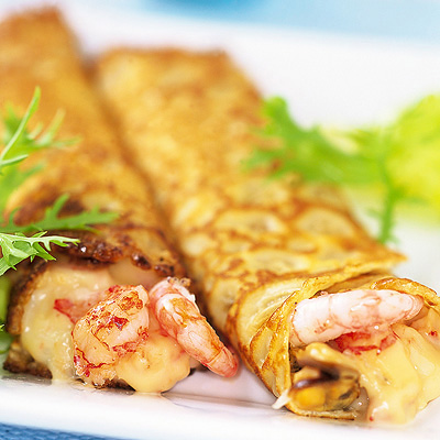 Crêpes med mussel- och skaldjursfyllning