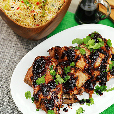 Fläskkarré med asiatisk sås och nudelsallad