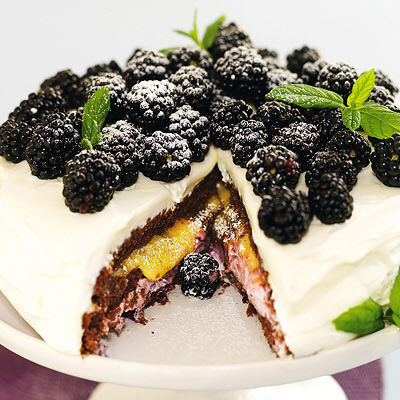 Björnbärstårta med chokladbotten och citronfyllning