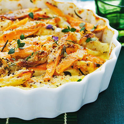 Rotfruktsgratäng med sötpotatis