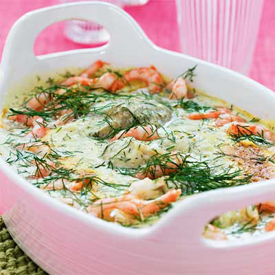 Fiskgratäng med räkor och dill