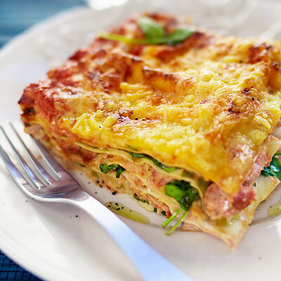 Lasagne med rökt lax och spenat