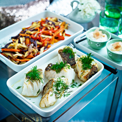 Skrei i ugn med rotfrukter