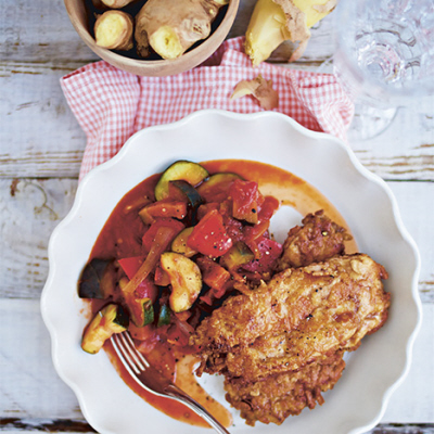 Ratatouille med halloumipanerad kyckling