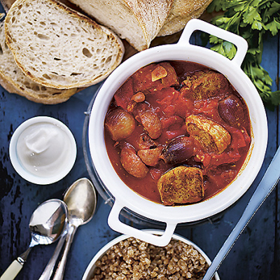 Fläskfilégryta med kabanoss och paprika
