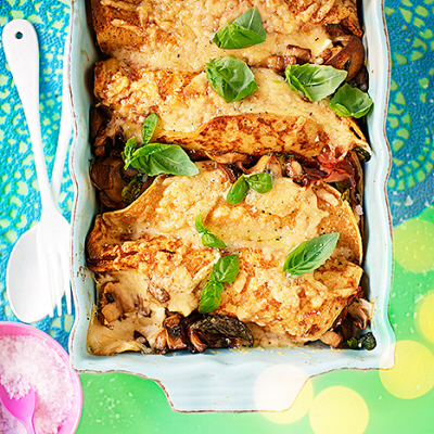 Crêpes med skinka, champinjoner och chèvre