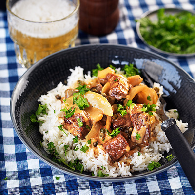 Biff i grönpepparsås