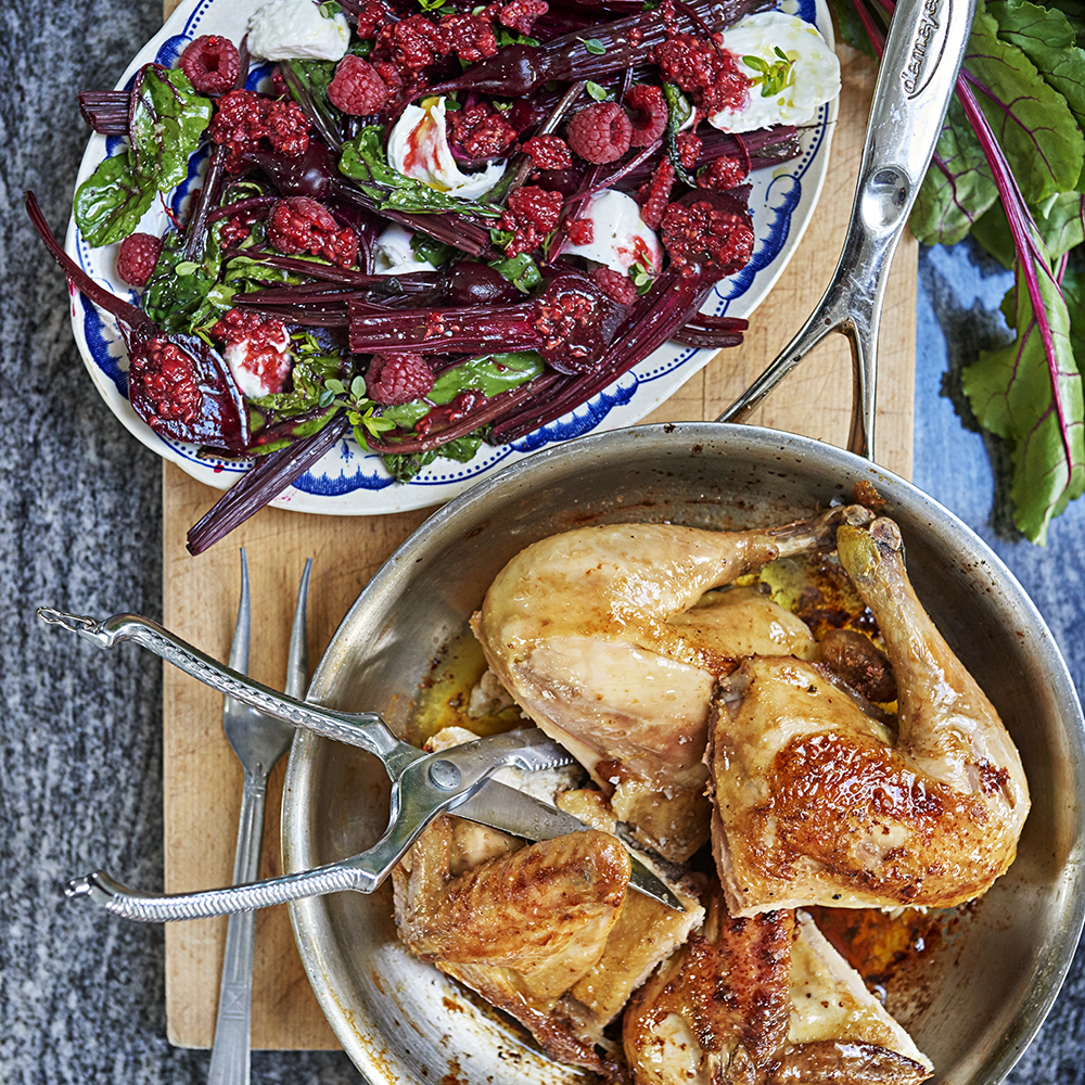 Betor med mozzarella, hallon och ugnsstekt kyckling