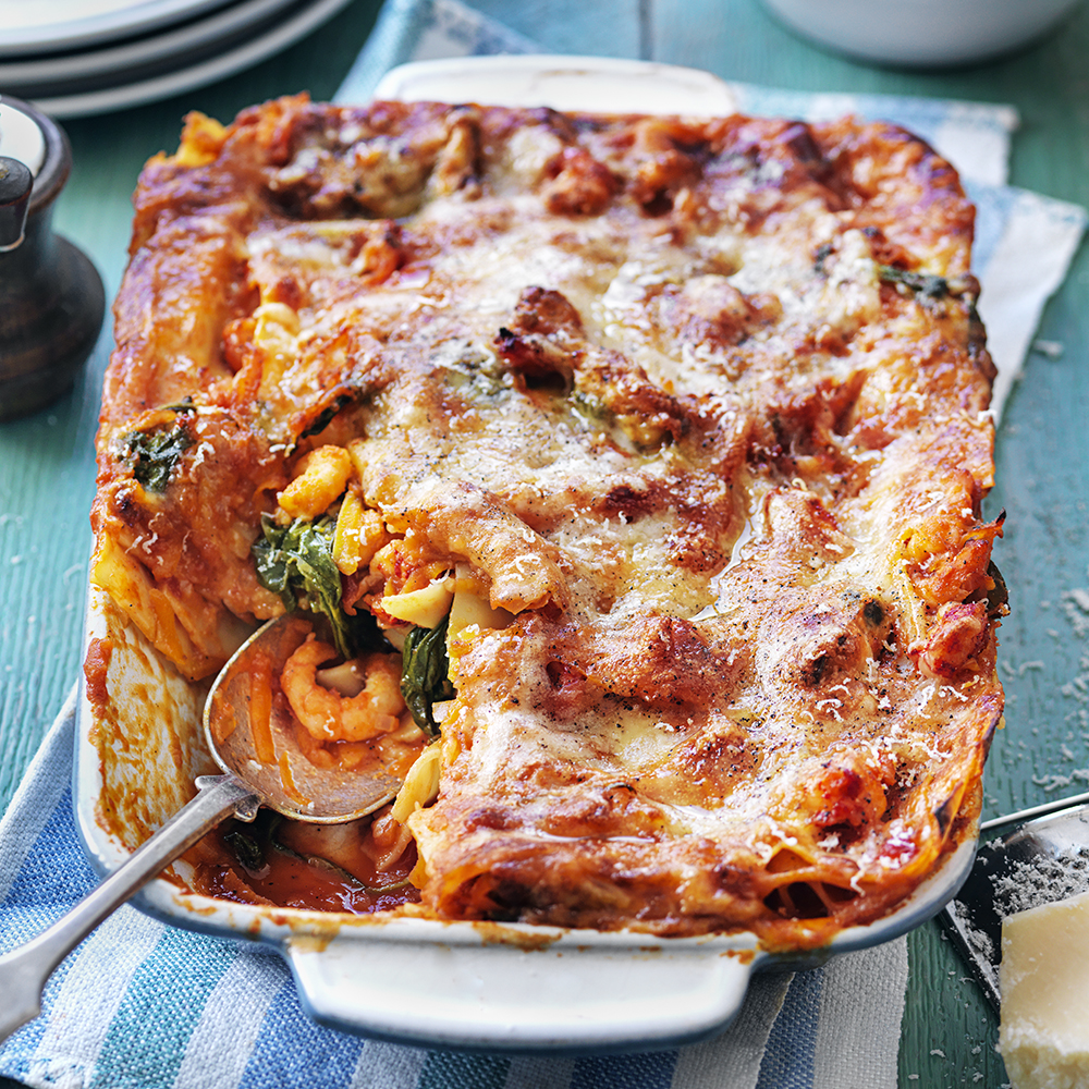 Lasagne med räkor och kräftstjärtar