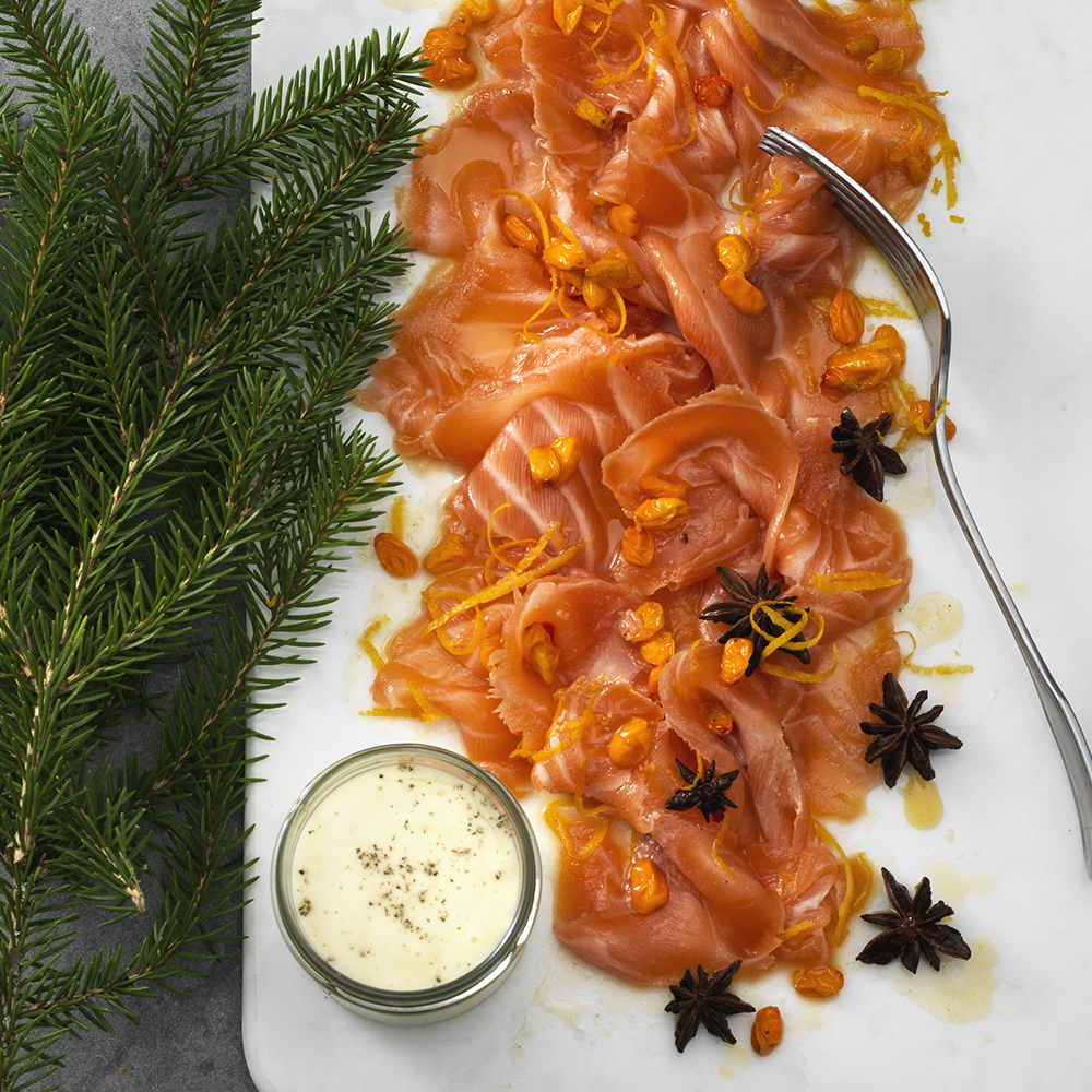 Havtornsgravad lax med ättiksmajonnäs