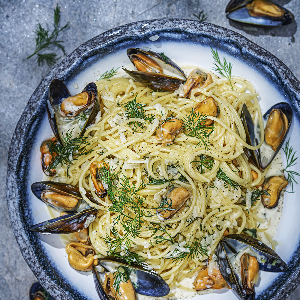 Spaghetti med blåmusslor
