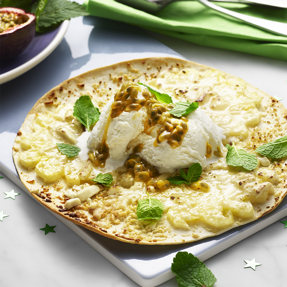 Tortillapizza med ananas och vit choklad