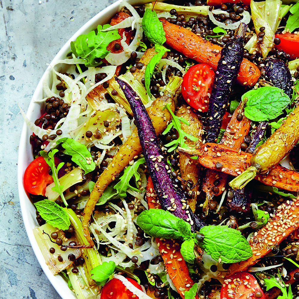 Sallad med rostade morötter och belugalinser