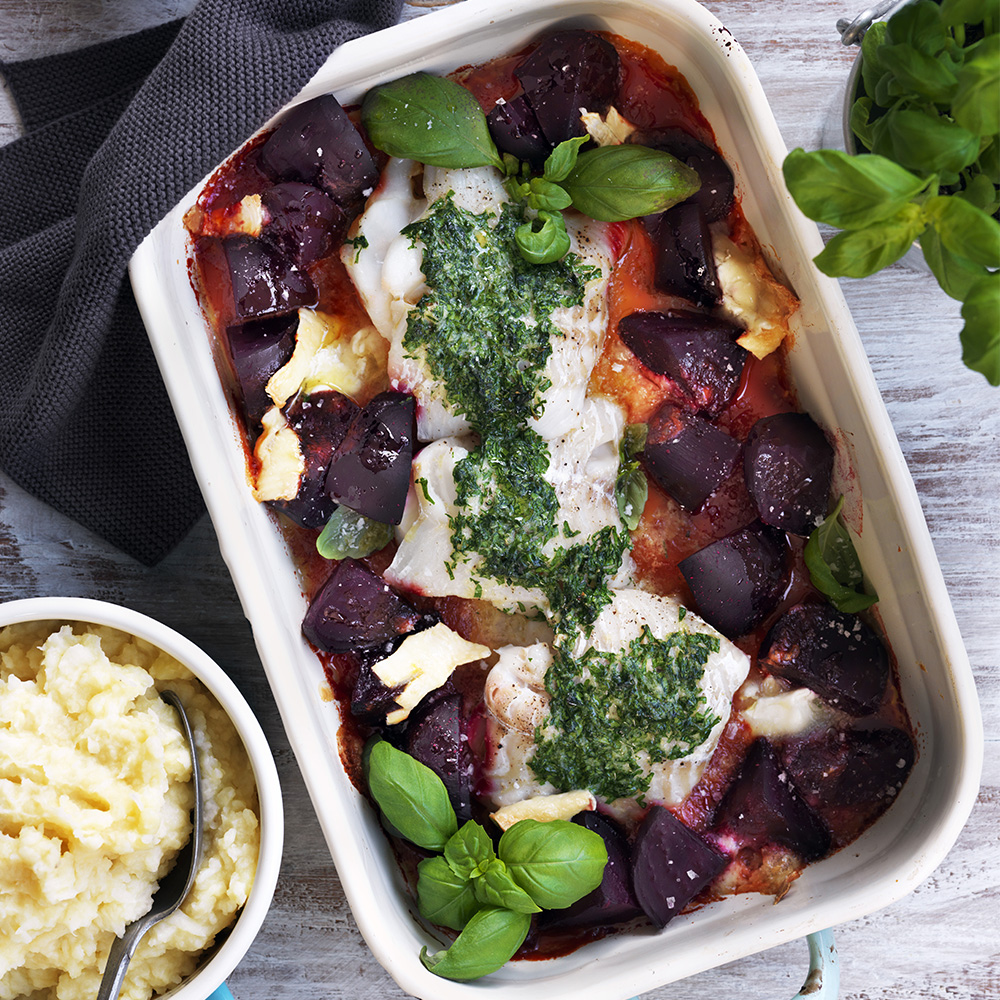 Fisk i ugn med rödbetor och chèvre